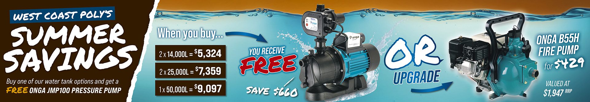 West Coast Poly - Summer Savings 2023 - Free Onga Jmp100 Pressure Pump With Selected Tank - Limited Time