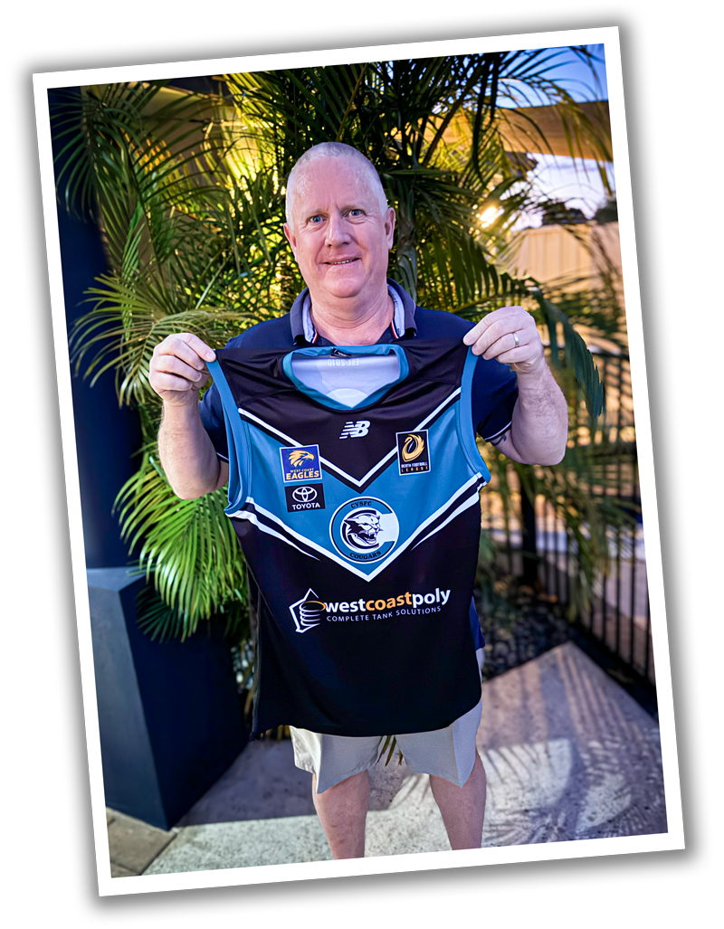 West Coast Poly are proud to be the major sponsor of the Canning Vale Football Club. Club President Scott Branch With The Men’s League Jumper.